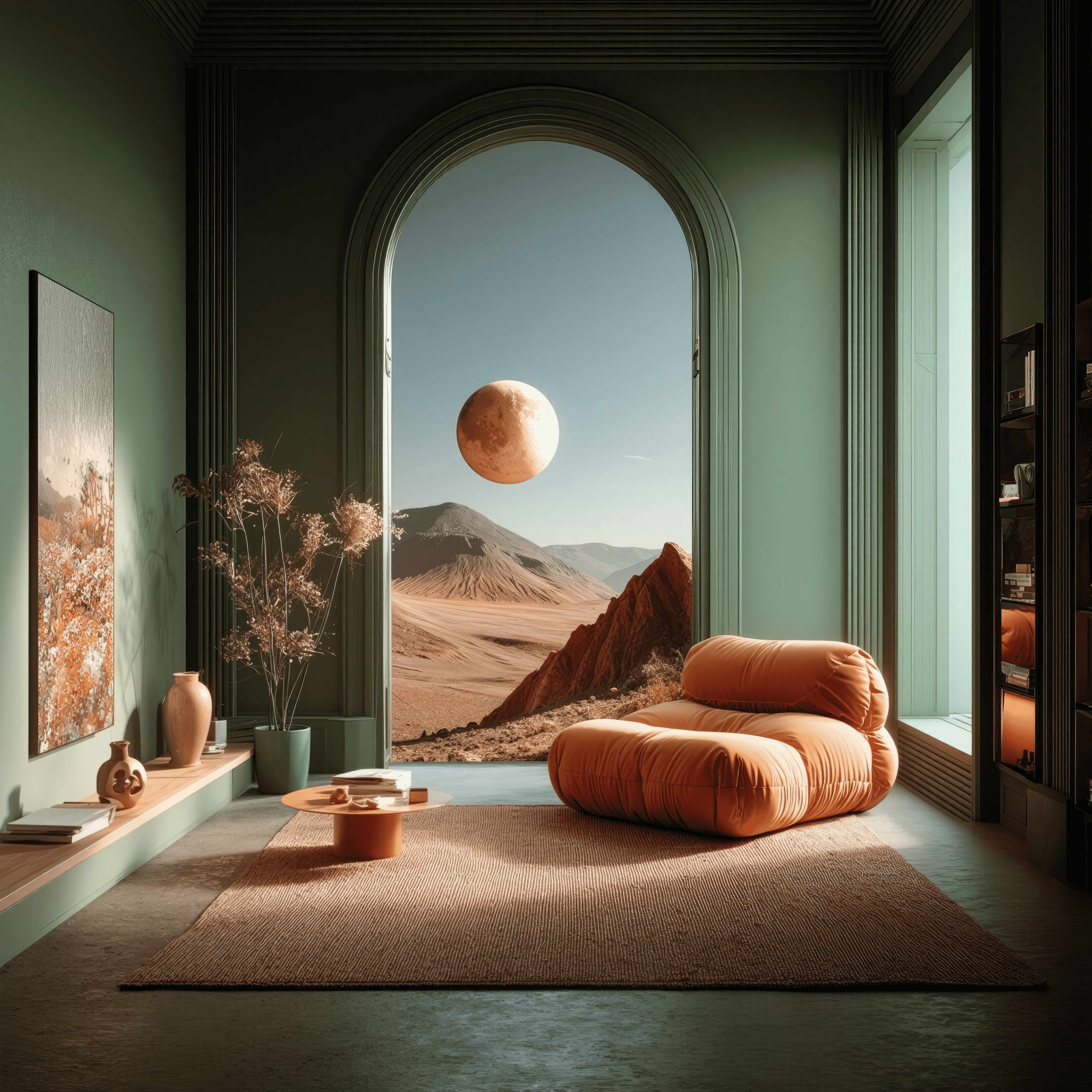 KATACHI Studio - Elegant interior with sage green walls and terracotta furniture overlooking surreal landscape